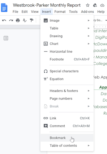 A cursor hovers on the Bookmark option within the Insert drop-down menu. A cursor hovers on the Bookmark option within the Insert drop-down menu.